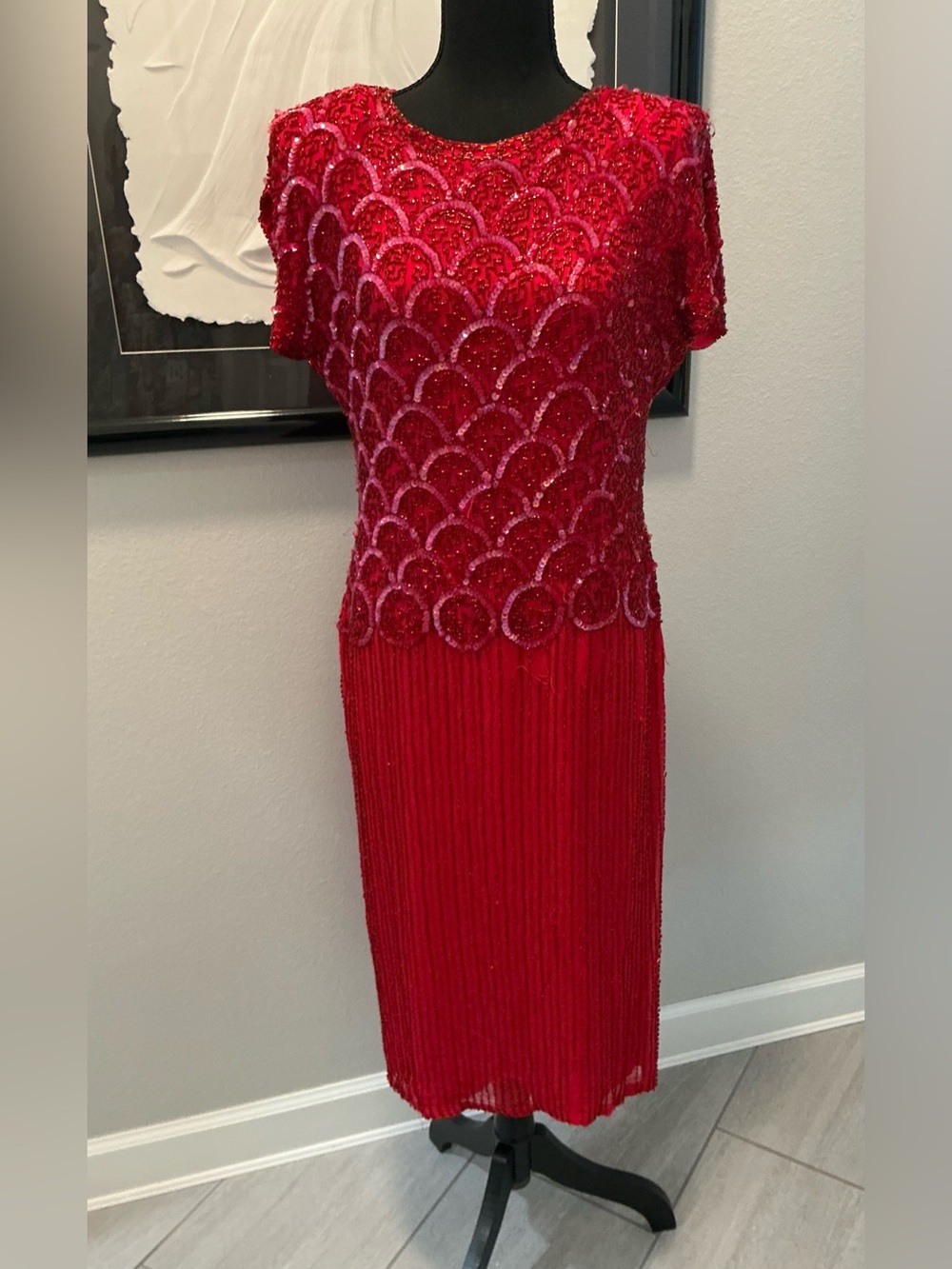 Oleg Cassini size 8 red silk beaded sequin cocktail dress